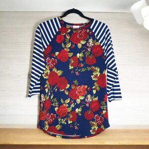 LuLaRoe Randy M Women Floral Rose Striped Raglan Sleeve Top Blouse Casual Blue